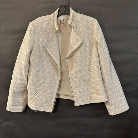 CHICOS Size 1 Cotton  Motorcycle Jacket Tweed Creme Size 10 Medium Gold Silver - Picture 4 of 10